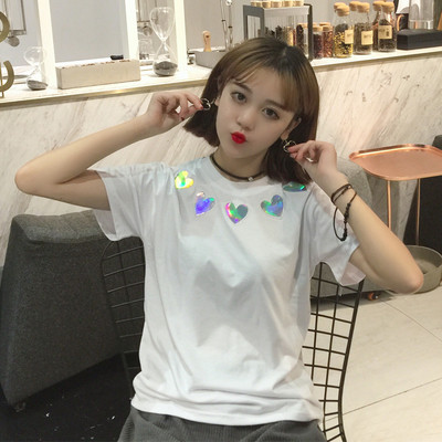 Καθημερινά μπλούζα με κοντά μανίκια και λαμπερό καρδιές λαιμό