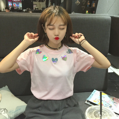 Καθημερινά μπλούζα με κοντά μανίκια και λαμπερό καρδιές λαιμό