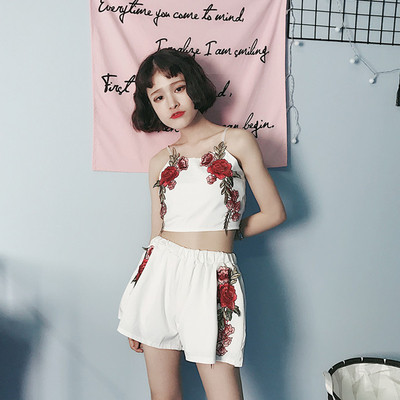 Εξαιρετικά όμορφο και φρέσκο κυρίες σετ των 2 τμημάτων με κεντημένα τριαντάφυλλα