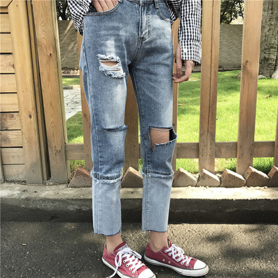 Дамски прави разкъсани дънкови панталони с висока талия