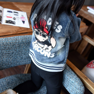 Стилно пролетно-есенно дънково яке за момичета с анимация и ластици