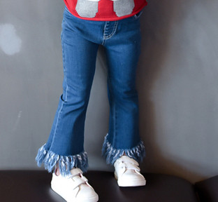 Стилни пролетни дънки за момичета с ластик и симпатични ресни