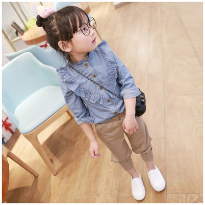 Дънкова ежеднвна ризка с широки ръкави за момиченце 