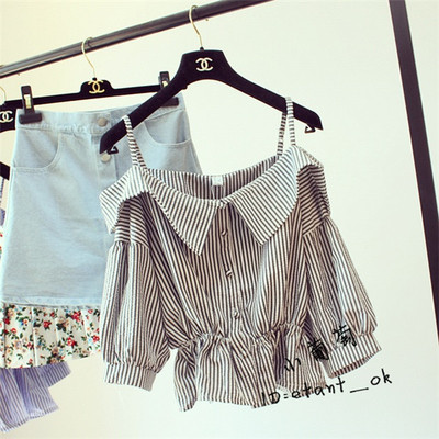 Ριγέ πουκάμισο με κοντά μανίκια και μεγάλη αμάνικο