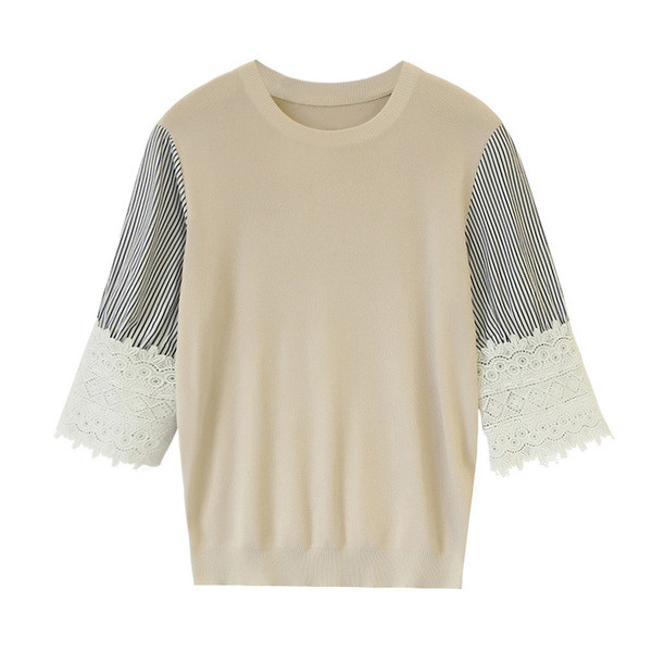 Μπλούζες με 3/4 μανίκια με ρίγες και δαντέλα