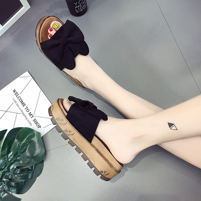 Γυναικείες παντόφλες σε πλατφόρμα σε  σε πράσινο, μαύρο και μπεζ με κορδέλα και αυτιά