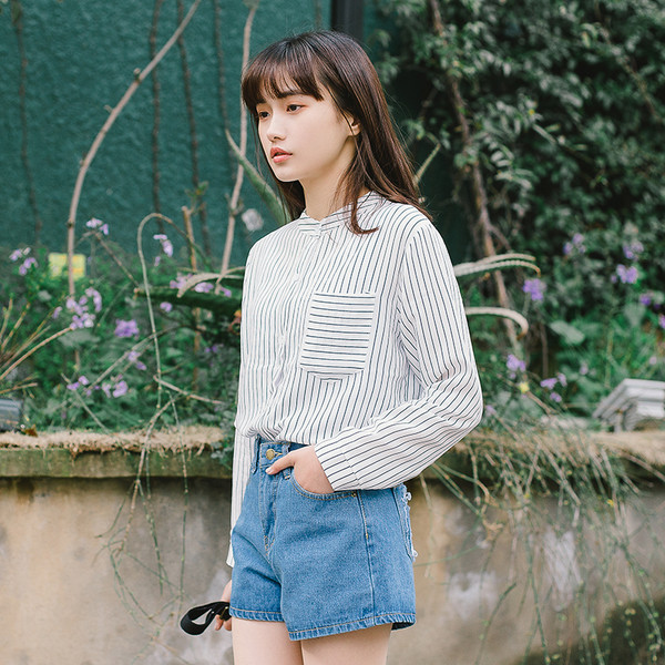 Casual ριγέ πουκάμισο κορίτσι με γιακά ενός ιερέα