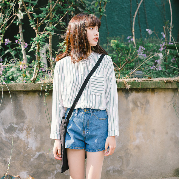 Casual ριγέ πουκάμισο κορίτσι με γιακά ενός ιερέα