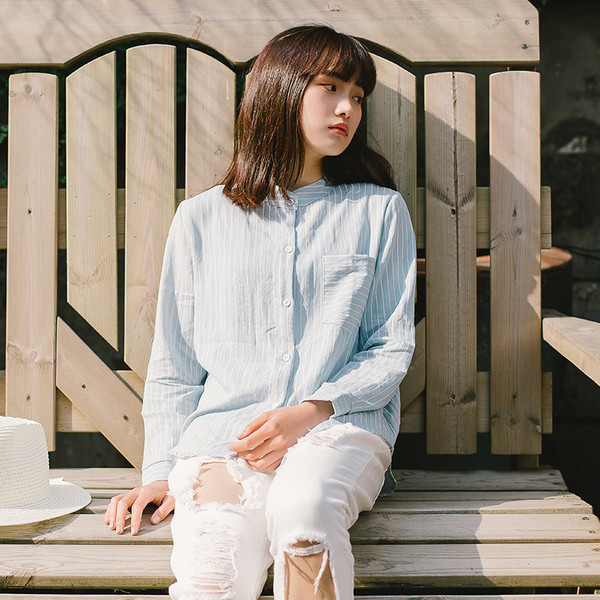 Casual ριγέ πουκάμισο κορίτσι με γιακά ενός ιερέα