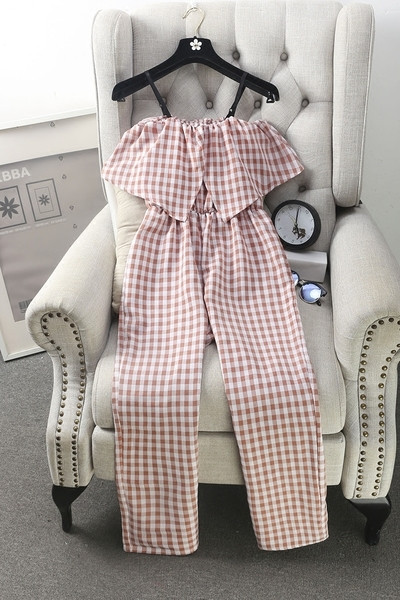 Дамски кариран гащеризон в розов и черен цвят