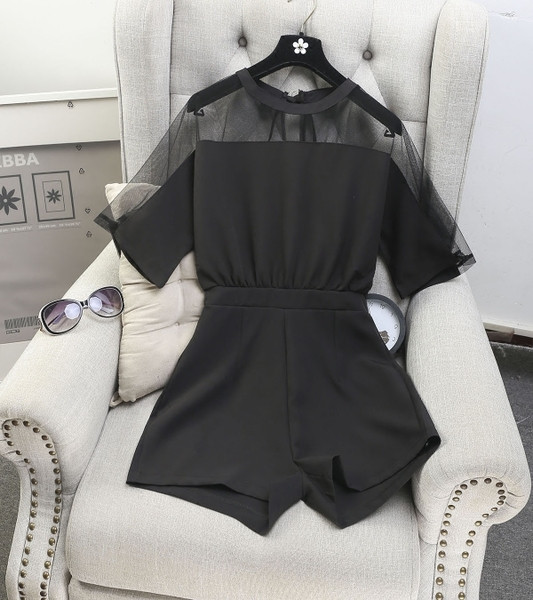 Дамски стилен гащеризон с висока талия, в черен, червен и бял цвят