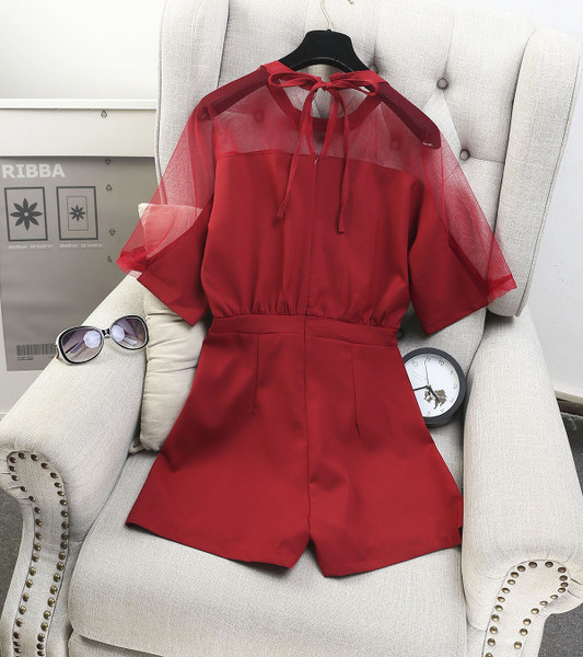 Дамски стилен гащеризон с висока талия, в черен, червен и бял цвят