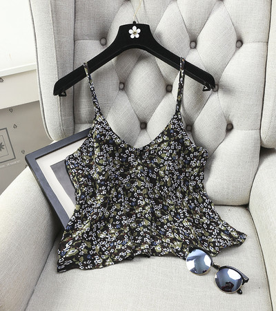 Дамски стилен потник - къс и с флорални мотиви, с дълбоко деколте