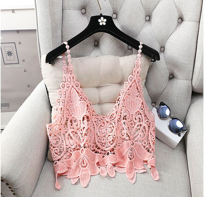 Дамски къс потник с V-образно деколте от дантела,в черен, син, зелен и розов цвят