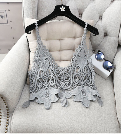 Дамски къс потник с V-образно деколте от дантела,в черен, син, зелен и розов цвят