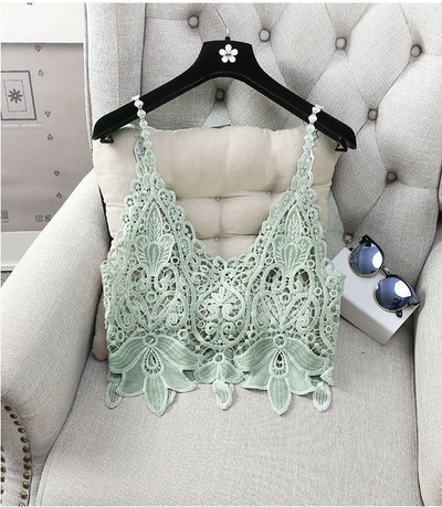 Дамски къс потник с V-образно деколте от дантела,в черен, син, зелен и розов цвят