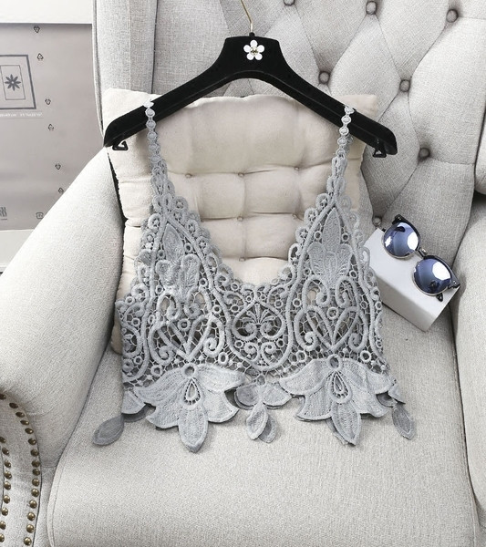 Дамски къс потник с V-образно деколте от дантела,в черен, син, зелен и розов цвят