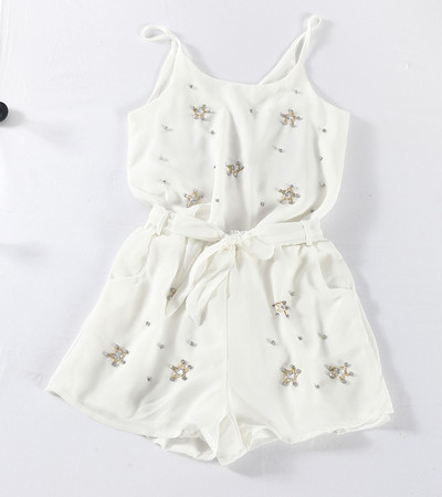 Дамски стилен комплект от 2 части - потник и къси панталони, с декорация мъниста