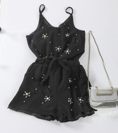 Дамски стилен комплект от 2 части - потник и къси панталони, с декорация мъниста