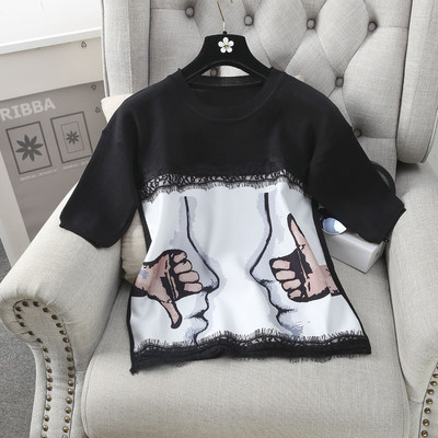 Стилна дамска блуза с 3/4 ръкав и изображения в бял и черен цвят