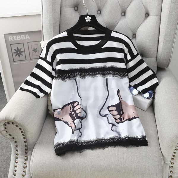 Стилна дамска блуза с 3/4 ръкав и изображения в бял и черен цвят