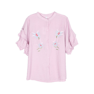 Дамска риза с широки 3/4 ръкави и флорални мотиви, в бял и розов цвят