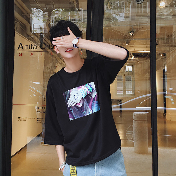 Мъжка ежедневна блузка с къс 7/8 ръкав и интересна апликация - 2 цвята