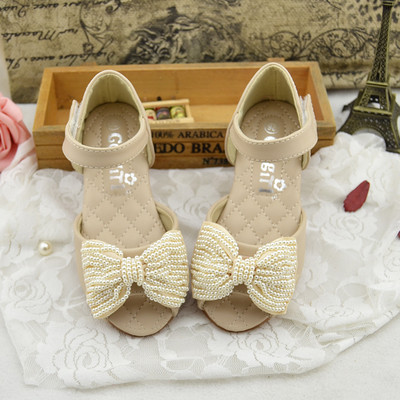 Елегантни детски сандали за момичета в розов и бежов цвят с панделка и мъниста