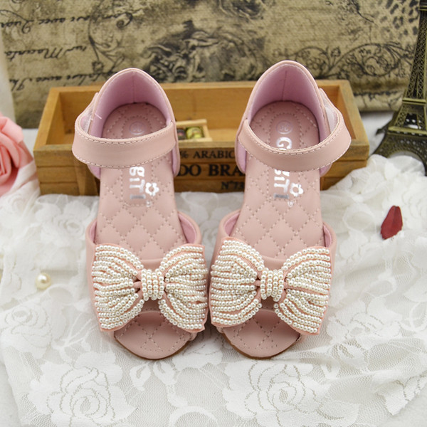 Елегантни детски сандали за момичета в розов и бежов цвят с панделка и мъниста