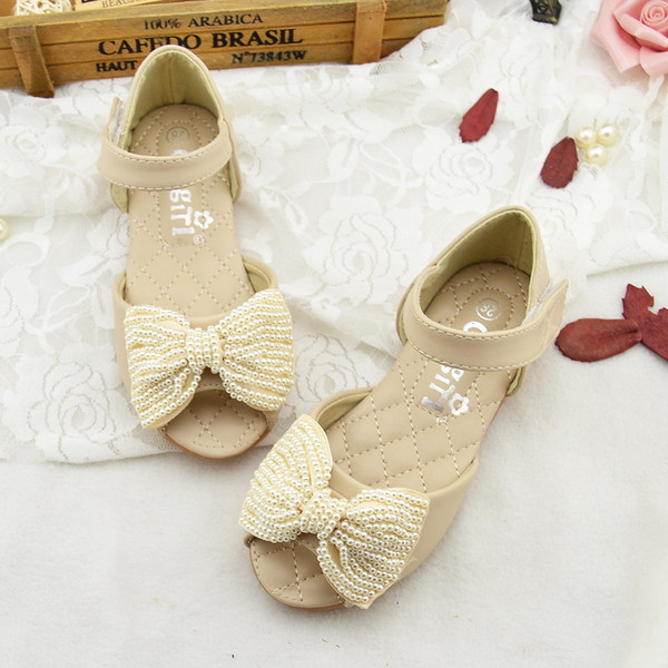 Елегантни детски сандали за момичета в розов и бежов цвят с панделка и мъниста