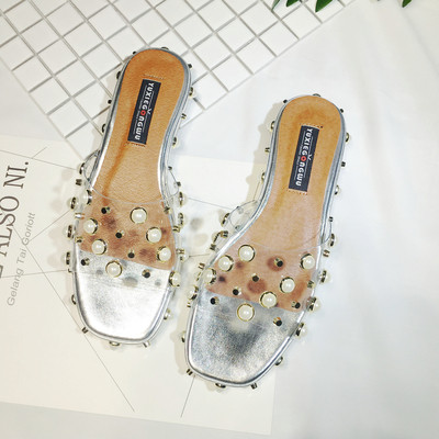 Ежедневни дамски чехли с перли в прозрачен цвят