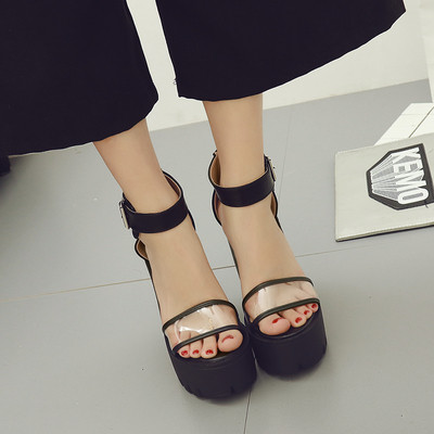 Модерни дамски обувки на висок ток с прозрачна каишка в черен цвят