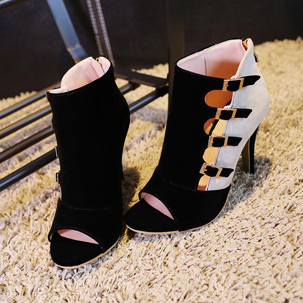 Красиви дамски сандали на висок ток, в черен, червен и син цвят