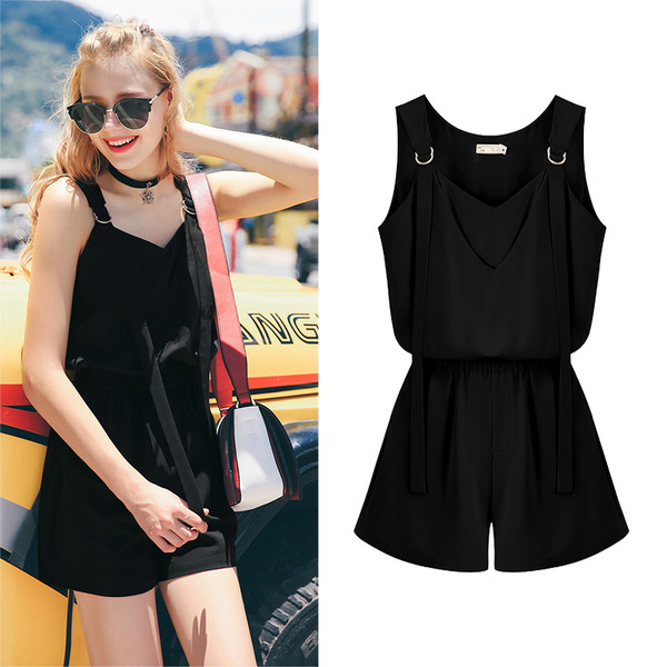 Κομψό κυρίες jumpsuit σε μαύρο και μπεζ dkeolte V-neck