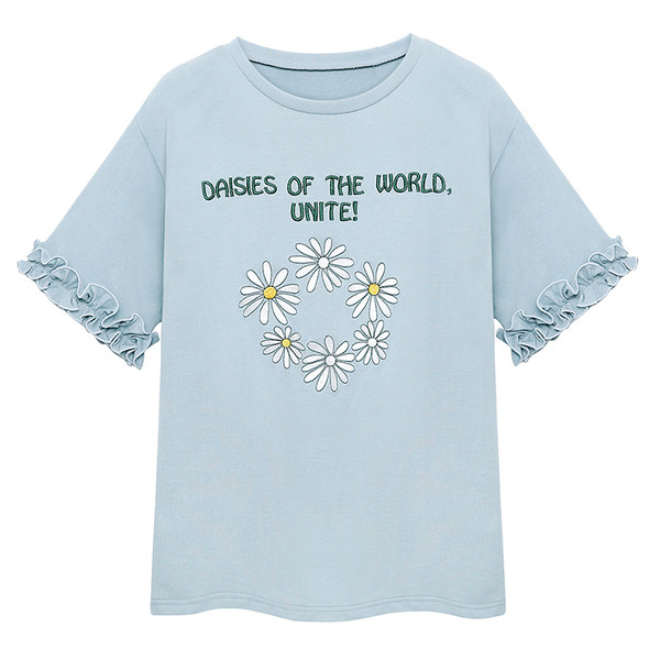 μπλούζα φρέσκα γυναικεία σημειώνονται izborazhenie και λουλούδια σε μπλε