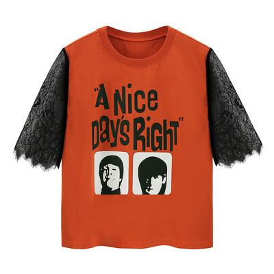 μπλούζα με μανίκια δαντέλα, επιγραφή και την εικόνα σε πορτοκαλί