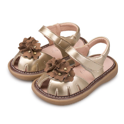 Παιδικά σανδάλια για τα κορίτσια σε χρυσό και μπλε διακόσμηση λουλούδι