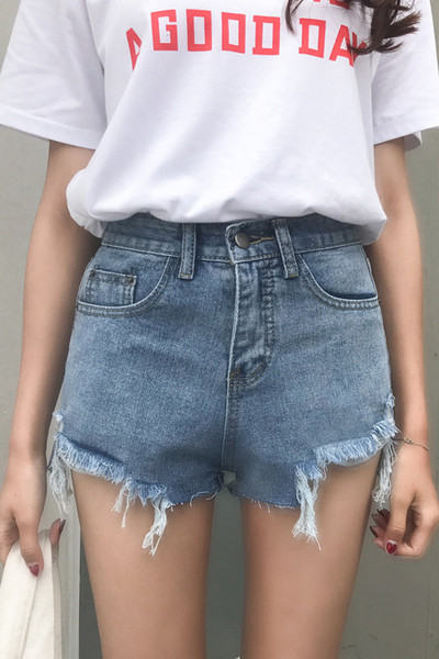 σορτς Κομψό κυρίες με υψηλή μέση, σχισμένο μπλε