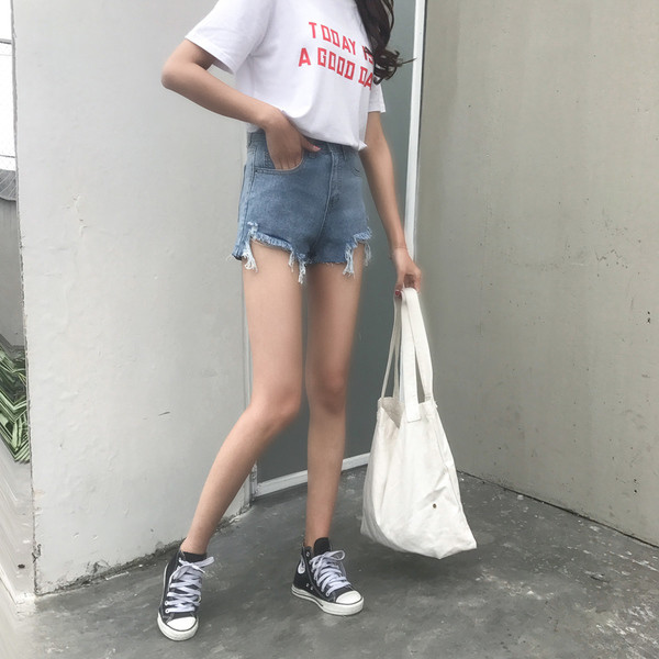 σορτς Κομψό κυρίες με υψηλή μέση, σχισμένο μπλε