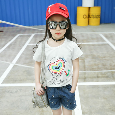 Модерна детска памучна тениска с къс ръкав за момичета с принт сърце