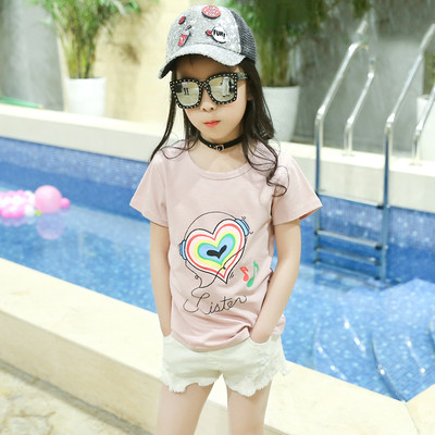 Модерна детска памучна тениска с къс ръкав за момичета с принт сърце