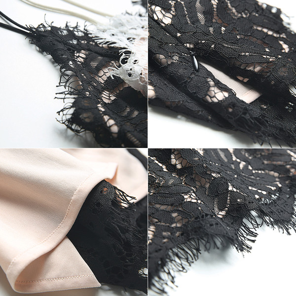 Σέξι κυρίες μικρό γιλέκο με δαντέλα - ροζ και μαύρο με μια βαθιά V-neck