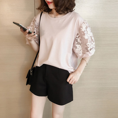 Μεγάλη άνοιξη και το καλοκαίρι T-shirt με 3/4 μανίκια με δαντέλα πλέγμα