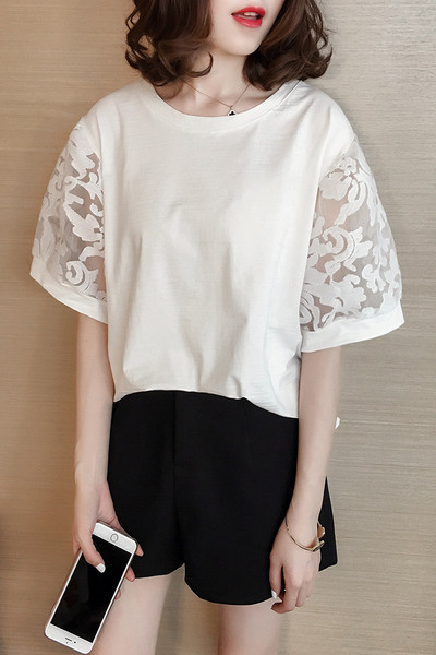 Μεγάλη άνοιξη και το καλοκαίρι T-shirt με 3/4 μανίκια με δαντέλα πλέγμα