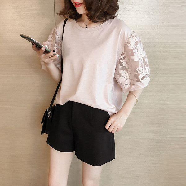 Μεγάλη άνοιξη και το καλοκαίρι T-shirt με 3/4 μανίκια με δαντέλα πλέγμα