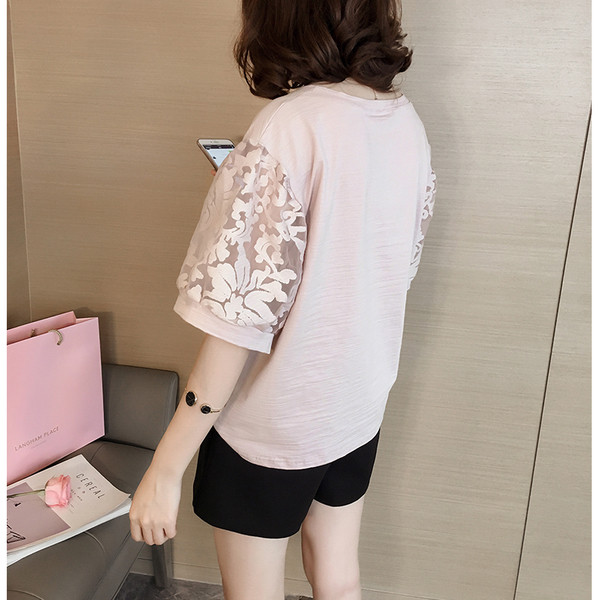 Μεγάλη άνοιξη και το καλοκαίρι T-shirt με 3/4 μανίκια με δαντέλα πλέγμα