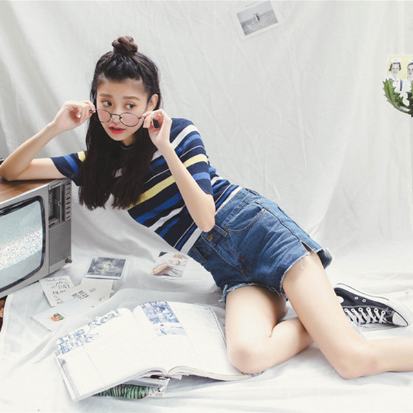 Κυρίες σορτς με υψηλή μέση, ελαφρώς σχισμένο, μπλε