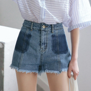 Σύγχρονη κυρίες σύντομο παντελόνι απομίμηση τσέπη με υψηλή μέση και ελαφρώς σχισμένο