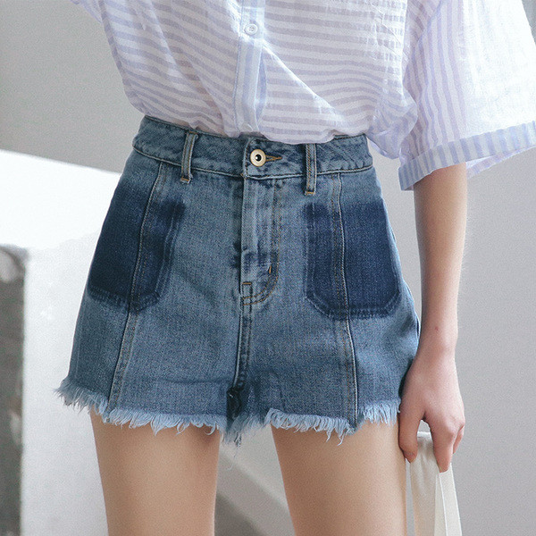 Σύγχρονη κυρίες σύντομο παντελόνι απομίμηση τσέπη με υψηλή μέση και ελαφρώς σχισμένο