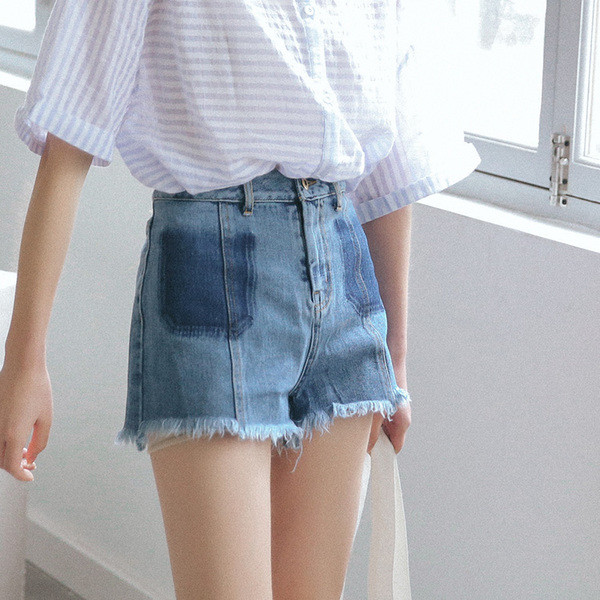 Σύγχρονη κυρίες σύντομο παντελόνι απομίμηση τσέπη με υψηλή μέση και ελαφρώς σχισμένο